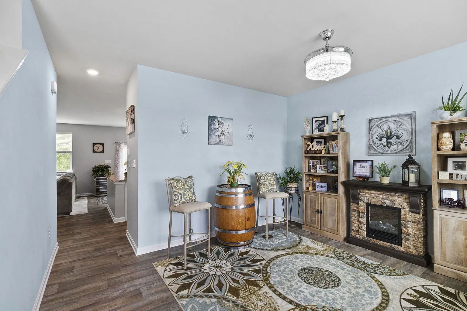 Open living area with fireplace